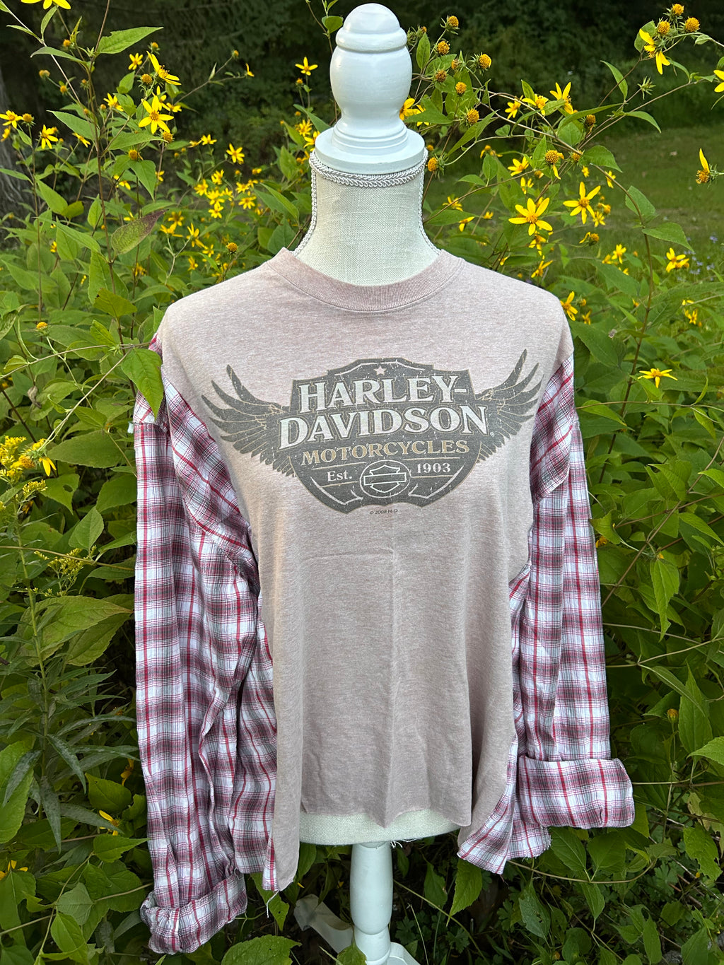 Harley-Davidson Plaid Sleeve Reworked Top