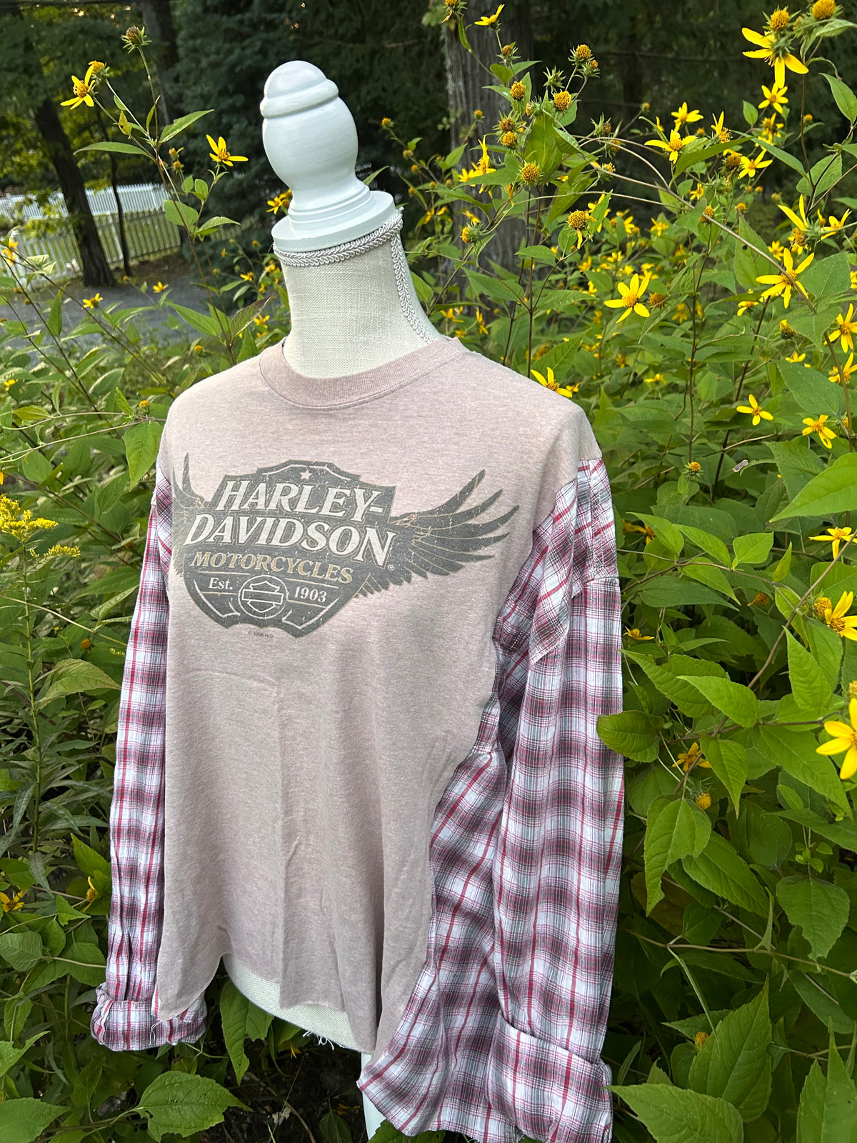 Harley-Davidson Plaid Sleeve Reworked Top