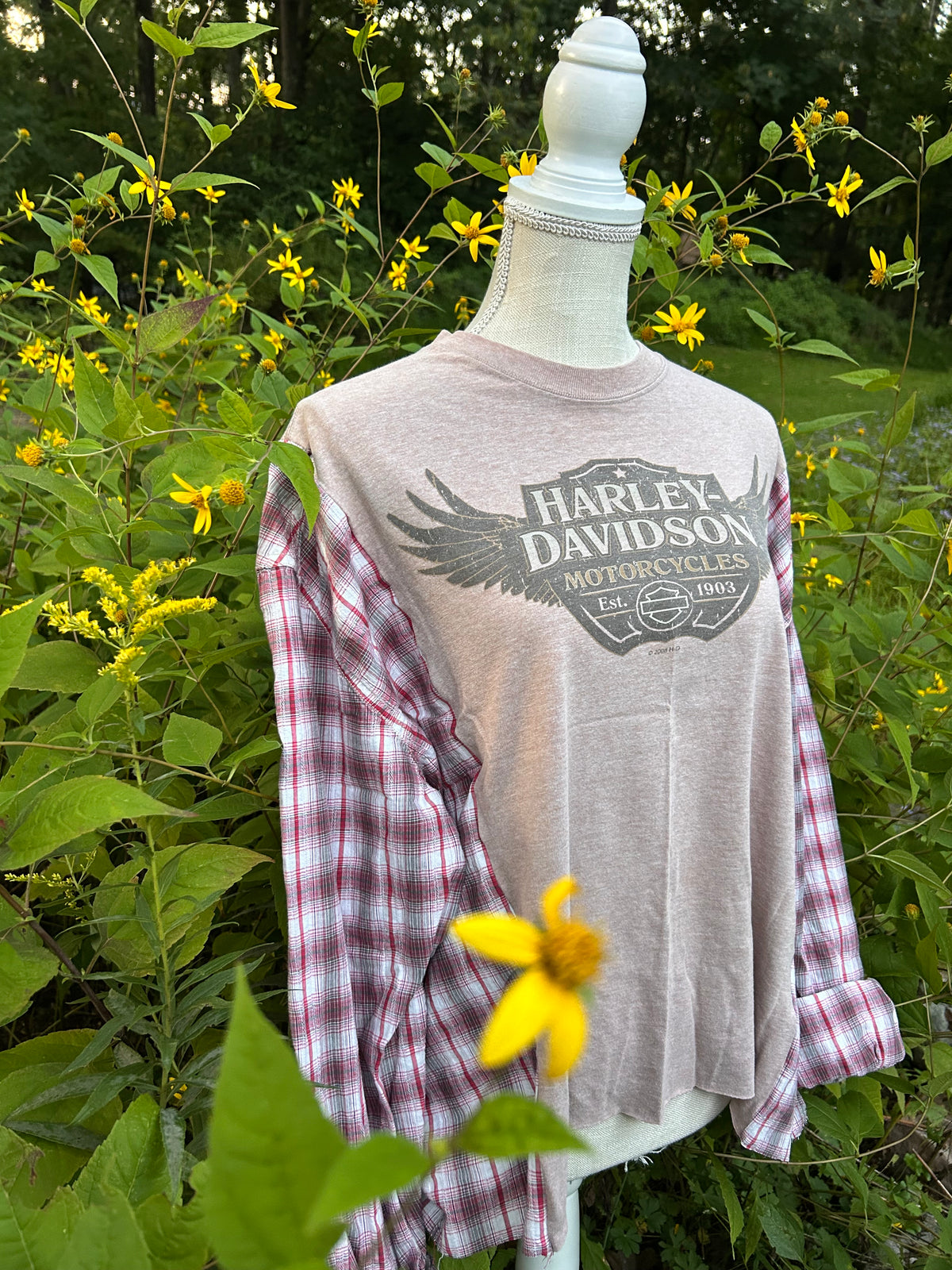 Harley-Davidson Plaid Sleeve Reworked Top