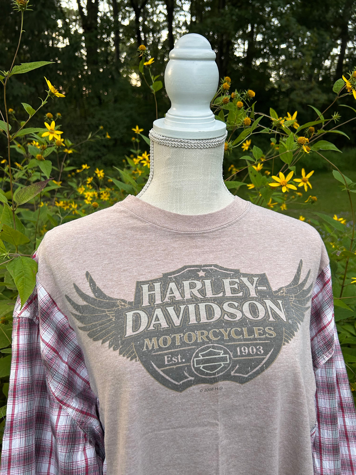 Harley-Davidson Plaid Sleeve Reworked Top