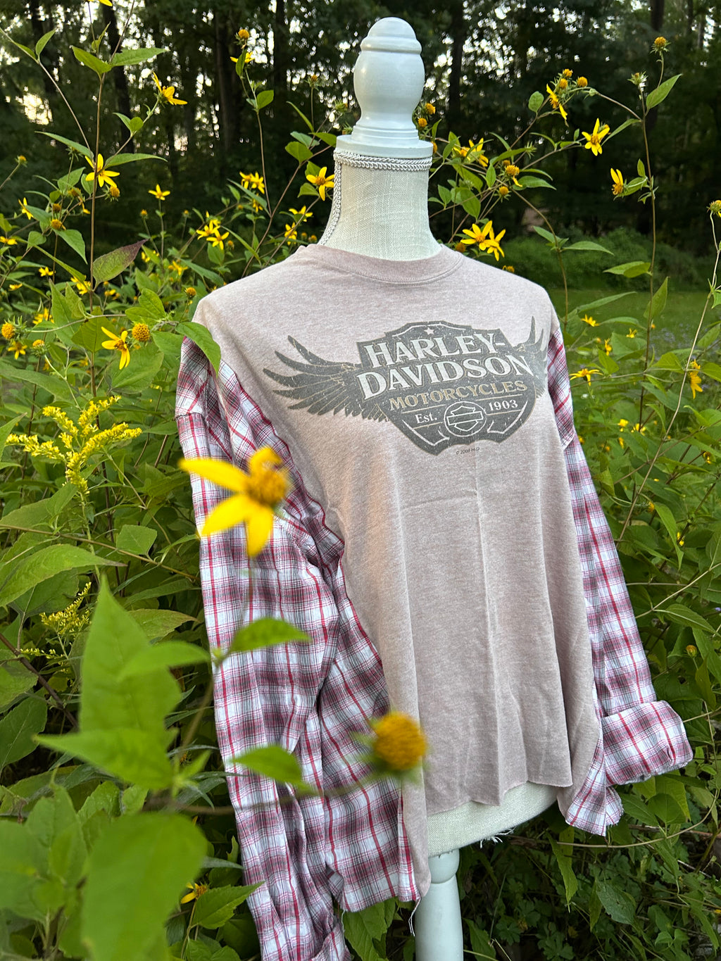 Harley-Davidson Plaid Sleeve Reworked Top